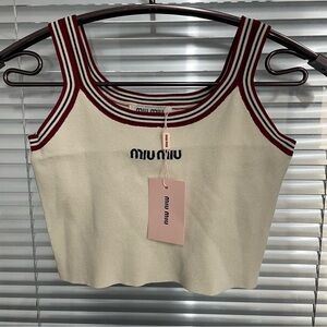 Miu Miu Cream Crop Tank with Red Trim